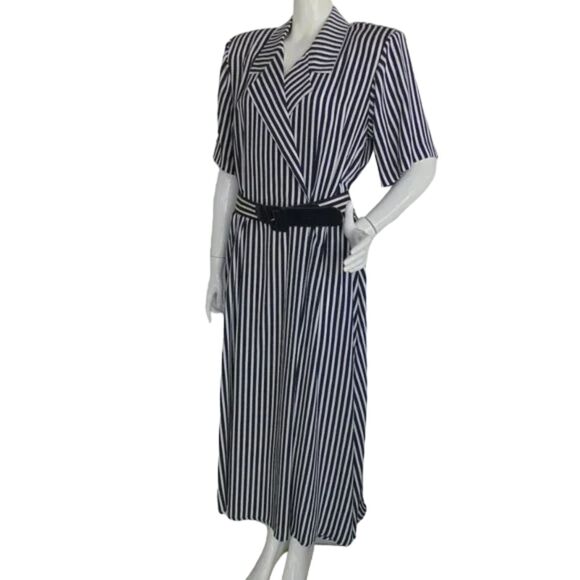 LESLIE FAY Dress, 12, Midi, Blue/White stripes, Belt, Short sleeve, Poly - Picture 3 of 14